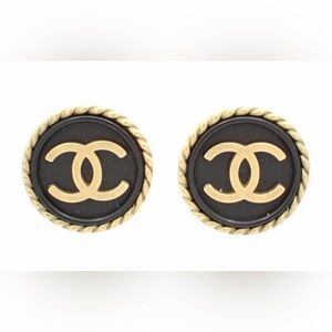 CHANEL Black and Gold Logo Stud Earrings